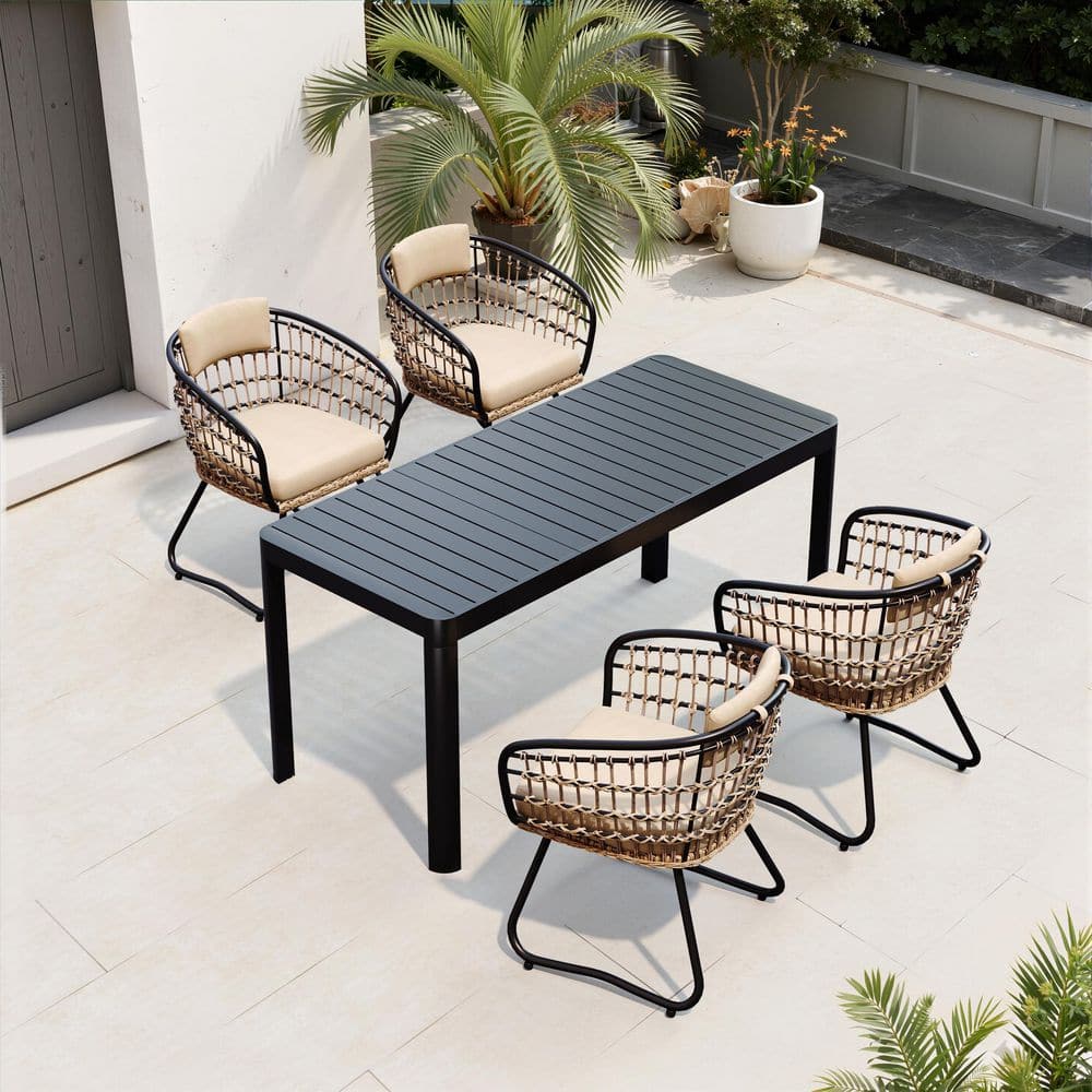 5-Piece Metal Outdoor Dining Set, Expandable Rectangle 64 in. Table and Wicker Chairs with Beige Cushion price history on PriceWatchPro