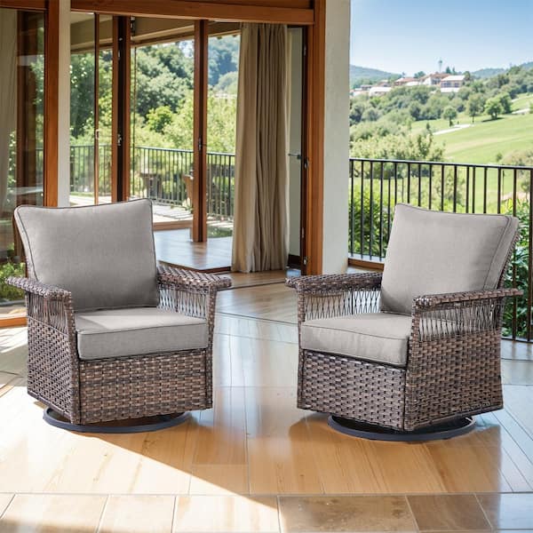 Pocassy Seagull Collection Swivel Wicker Outdoor Rocking Chair Furniture with Deep Seat and CushionGuard Gray Cushions