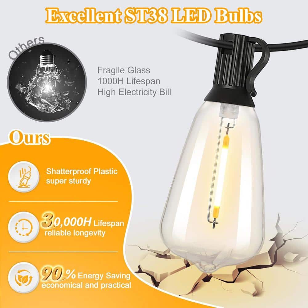 100FT Black LED Outdoor String Lights with Shatterproof Edison Bulbs
