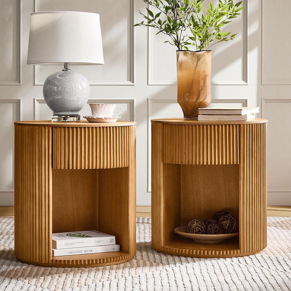 JAYDEN CREATION Falko 19.75 in. Oak Round Wood End Table with Fluted ...