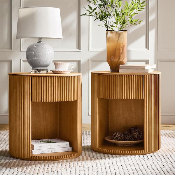 2-Piece 18.90 in. Oak Round Wood Side Table (2-Sizes) ZQ-W87640118