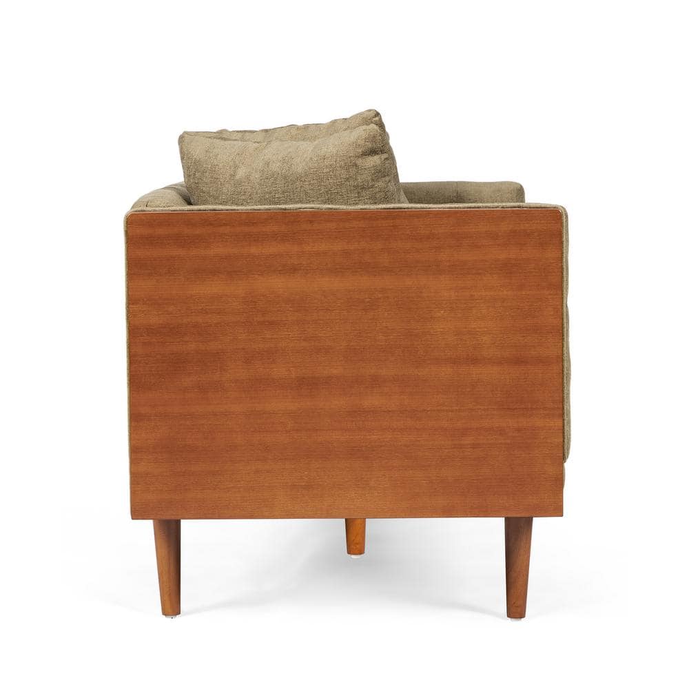Dark Beige Fabric Tufted Loveseat with Walnut Frame and Accent Pillows