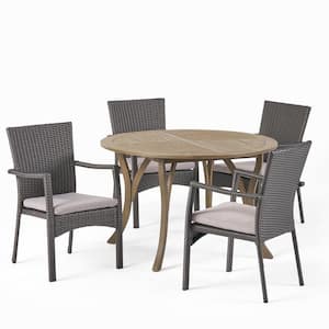 Baldwin Gray 5-Piece Wood and Faux Rattan Outdoor Dining Set with Gray Cushions