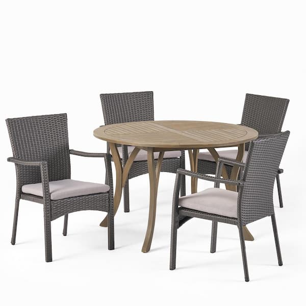 Noble House Baldwin Gray 5-Piece Wood and Faux Rattan Outdoor Dining Set with Gray Cushions
