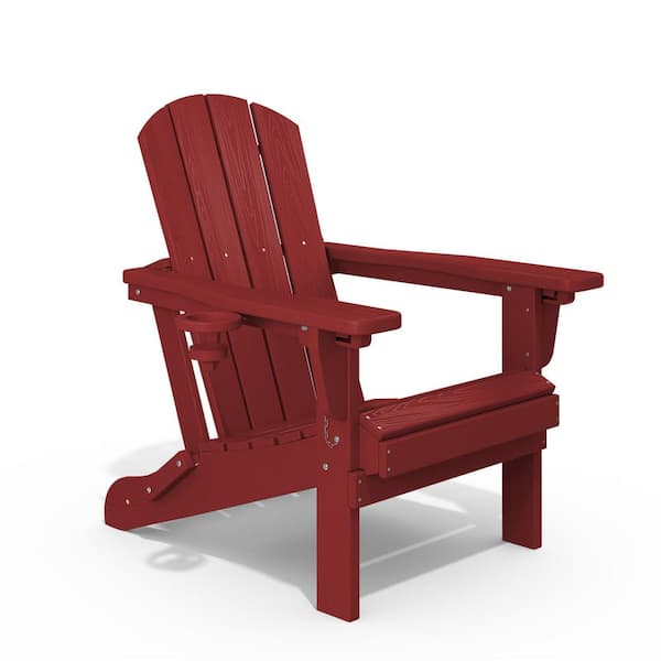 JEAREY Weather Resistant Plastic HDPE Outdoor Patio Folding Adjustable Adirondack Chair with Cup Holder in Dark Red