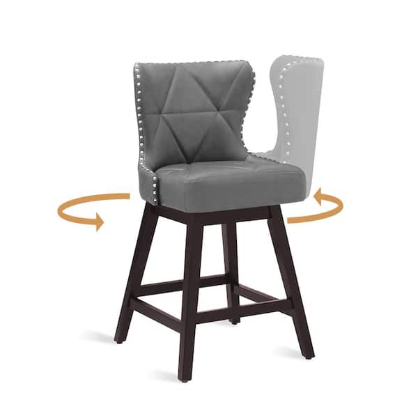 Zola 26 in. Dark Gray Wood Frame Counter Bar Stool Faux Leather Upholstered Swivel Bar Stool (Set of 1)