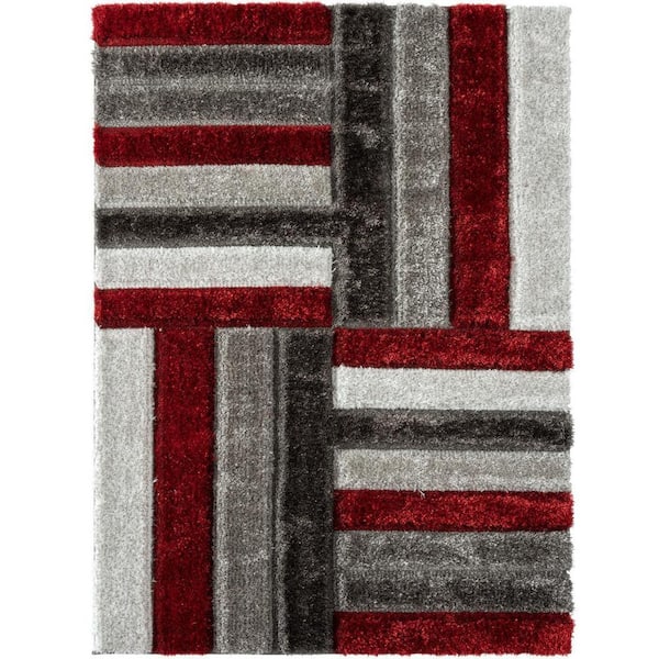 LUXE WEAVERS Lantanas Collection Red 8 ft. x 10 ft. Shag Geometric Striped Polypropylene Area Rug