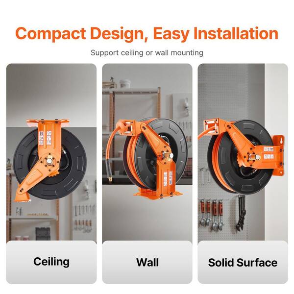 Retractable Air Hose Reel with Double Arms, 3/8 in. x 65 ft. Hybrid Air Hose Max 300PSI, Air Compressor Hose Reel
