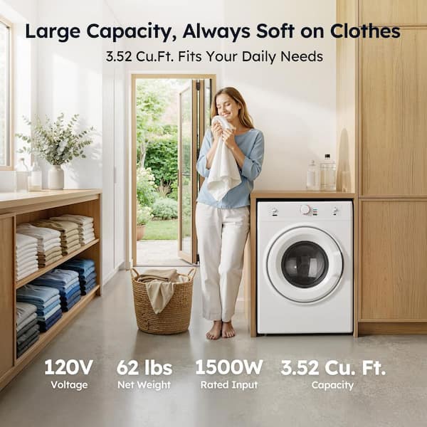 3.5 cu. ft. Vented Front Load Stackable Electric Compact Dryer in White with Multiple Drying Modes, Exhaust Hose