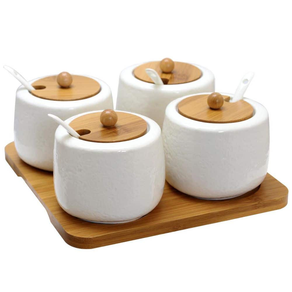 Ceramic Spice, Jam and Salsa Jars with Bamboo Lids & Serving Spoons
