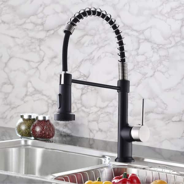 Single Handle Modern Pull Down Sprayer Kitchen Faucet in Matte Black and Brushed Nickel