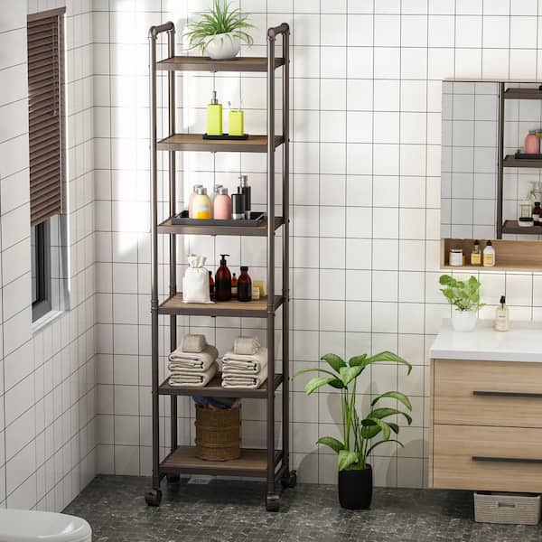 Hooseng Yeekar 16.1 in. W x 12.2 in. D x 63.5 in. H Metal and MDF  Freestanding 6-Tier Bathroom Shelf in Brown HS36832312 - The Home Depot