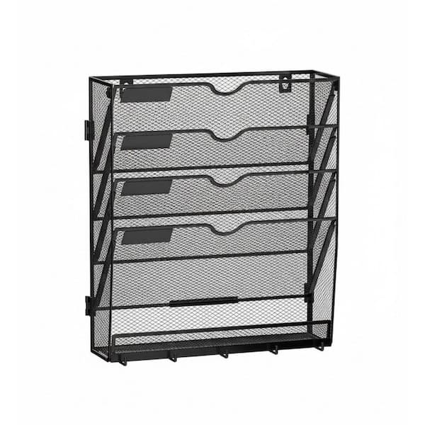 5 Tier Wall File Organizer with 5 Hooks, Black Mail Holder Wall Mounted for Papers