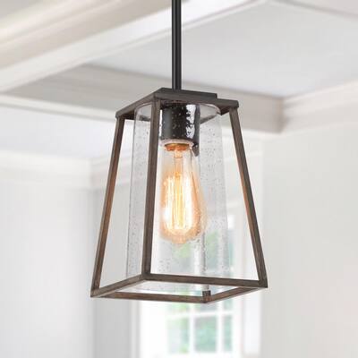 Modern Farmhouse Black Brown Pendant Light 1-Light Island Hanging Light with Seeded Glass Shade and Faux Wood Accents