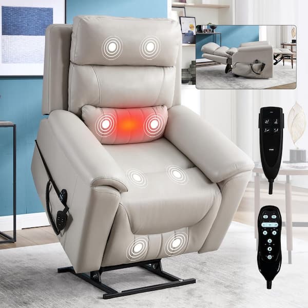 White Dual Motor Breathable Leather Power Lift Recliner Chair with 8-Point Vibration Massage&Heating, Up to 350 LBS