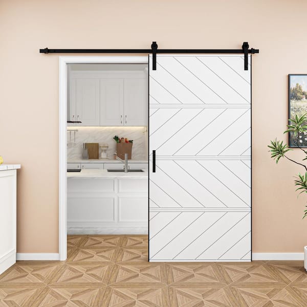 EH PUERTA 42 in. x 84 in. Paneled 4-Segments Wave Design White MDF Prefinished Barn Door Slab with Installation Hardware Kit