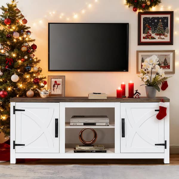 Farmhouse 58 in. Freestanding Media Console Electric Fireplace TV Stand in White with Brown Top