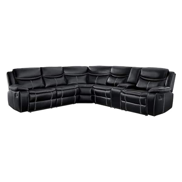 Unbranded Austin 118 in. Straight Arm 3-piece Faux Leather Reclining Sectional Sofa in Black with Right Console