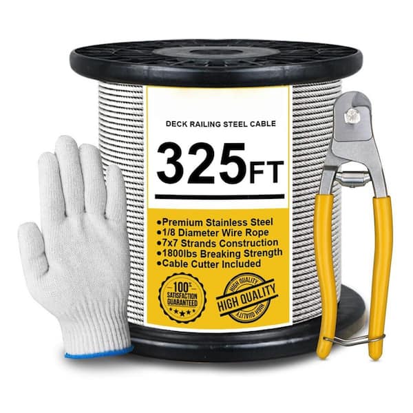Afoxsos 325 ft. 1/8 Stainless Steel Cable T316 7 x 7 Strands with Cutter for Deck Railing Stair Handrail Porch Fence Use