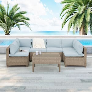 Maui 7-Piece Wicker Patio Conversation Set with Sky Blue Cushions