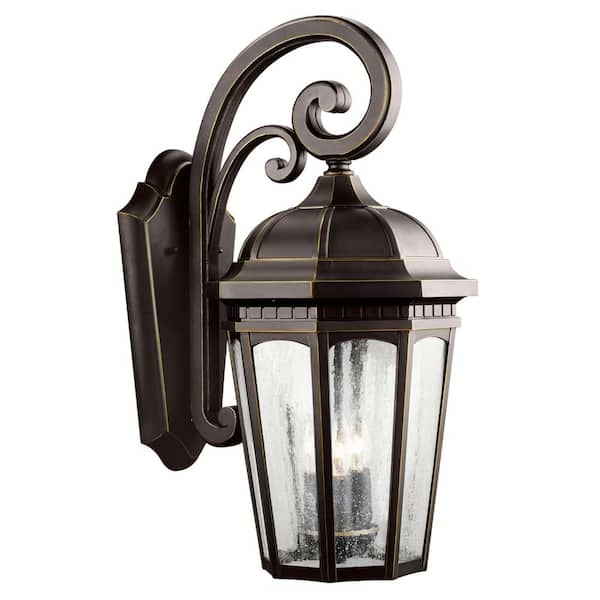 KICHLER Courtyard 22.25 in. 3-Light Rubbed Bronze Outdoor Hardwired Wall Lantern Sconce with No Bulbs Included (1-Pack)