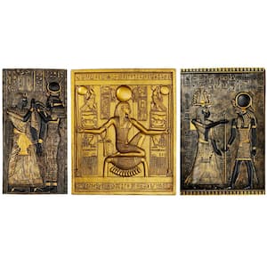 in. x in. Egyptian Temple Stele Tutankhamen, Isis, Horus Wall Plaque Sculpture (3-Piece)