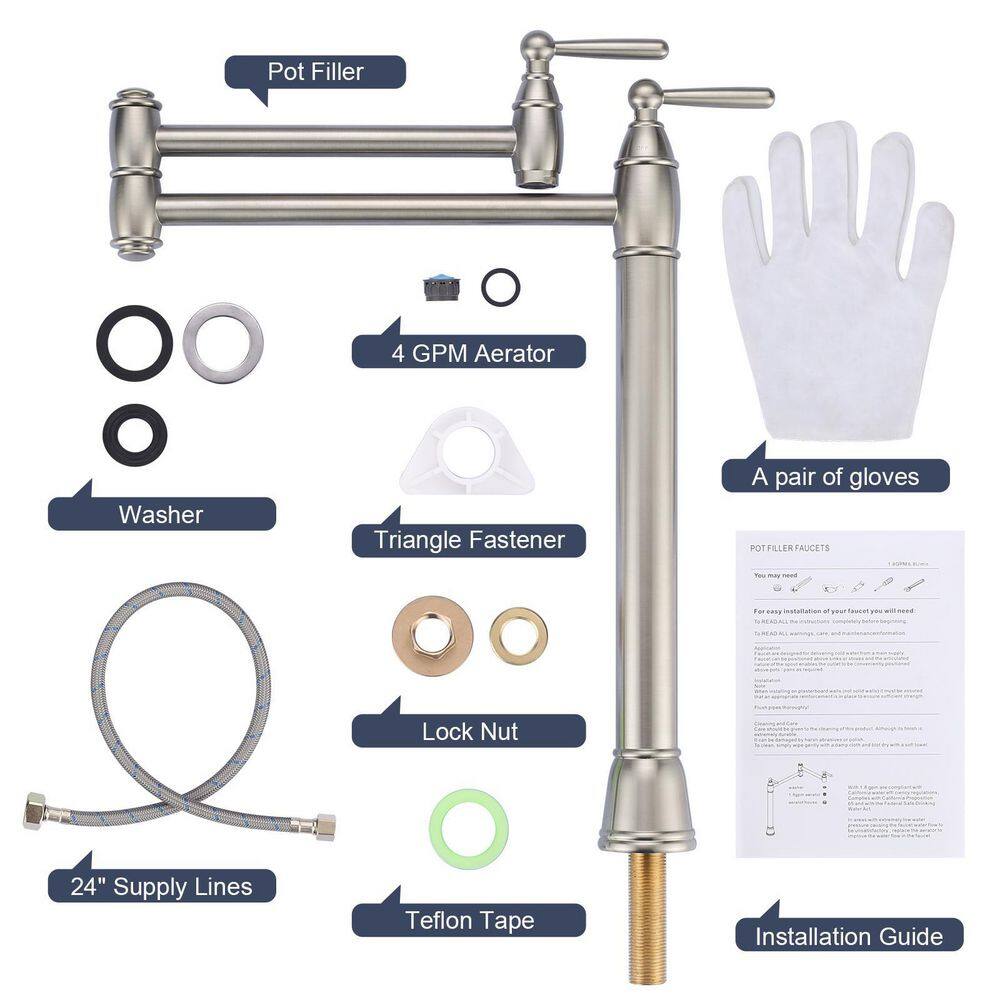 Brushed Nickel Double Handle Deck Mount Pot Filler Faucet