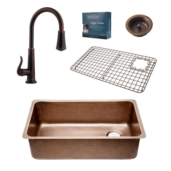 SINKOLOGY David Pro All-in-One Undermount Copper 31-1/4 in. Single Bowl Kitchen Sink with Pfister Faucet and Strainer in Bronze