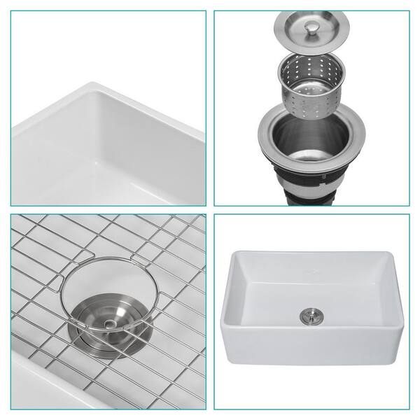 30 in. Farmhouse/Apron-Front Single Bowl White Ceramic Kitchen with Bottom Grids and Strainer Basket