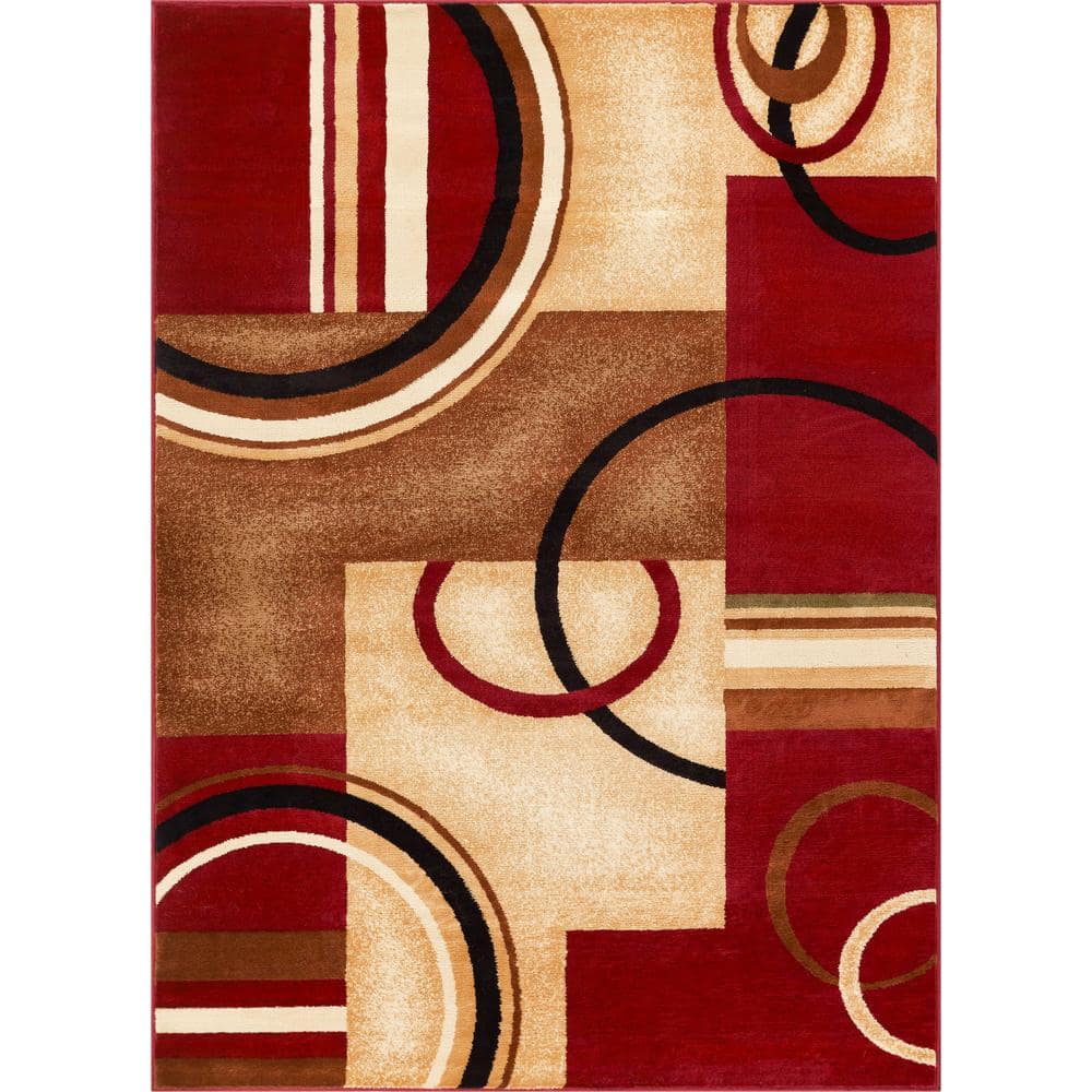 Modern Geometric Red and Beige Synthetic Area Rug 5'3" x 7'3"