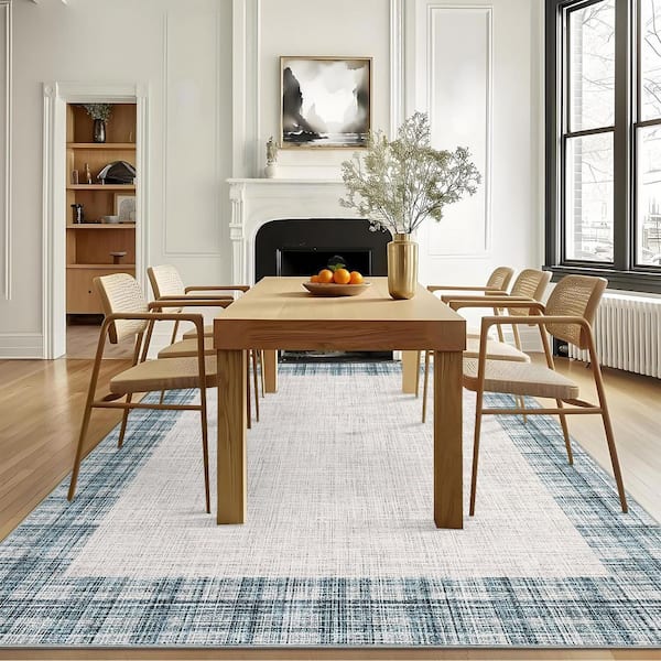 Light Blue 10 ft. x 13 ft. Non-Slip Border Print Rug Machine Washable Ultra Thin Soft for Bedroom Dining Room Office