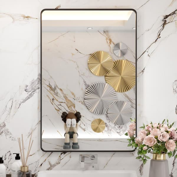Swafrrt 24 in. W x 36 in. H Rectangular Aluminum Alloy Framed Rounded Modern Black Wall Mirror