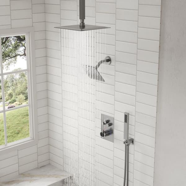 7-Spray Patterns Thermostatic 12 in., 6 in. Ceiling Mount Fixed and Handheld Shower Head in Brushed Nickel