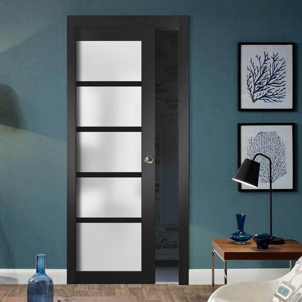 24 in. x 96 in. 5-Panel Black Finished Solid MDF Sliding Door with Pocket Hardware