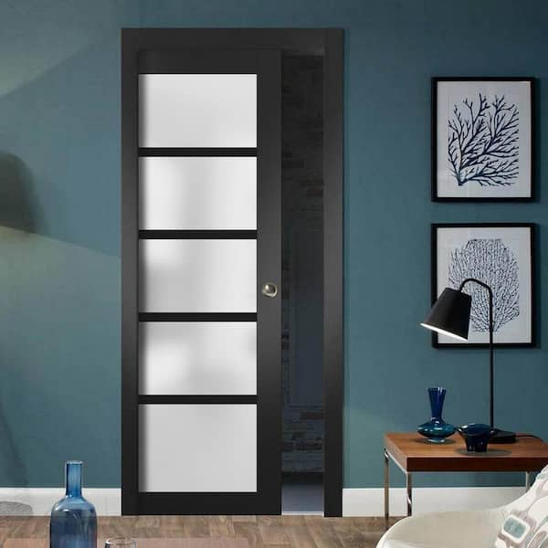 36 in. x 84 in. 5-Panel Black Finished Solid MDF Sliding Door with Pocket Hardware