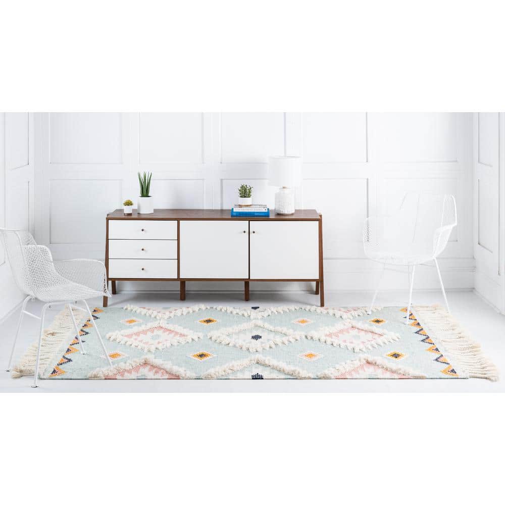 Light Aqua Geometric Hand-knotted Wool Area Rug