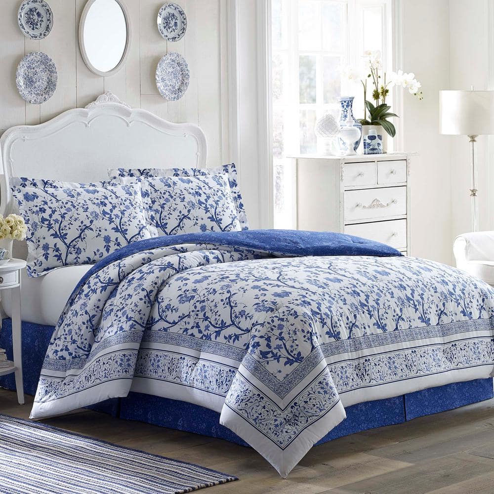 Charlotte Blue and White Cotton Queen Reversible Comforter Set