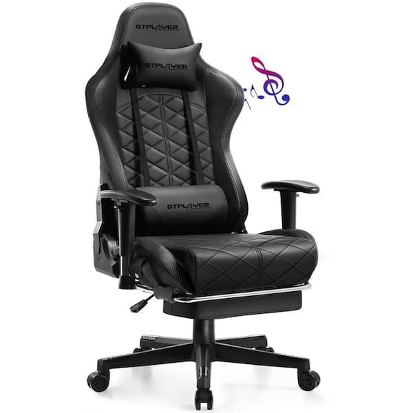 Gaming Chair with Footrest and Bluetooth Speakers Faux Leather Music Video Game Chair Computer Desk Chair, Black
