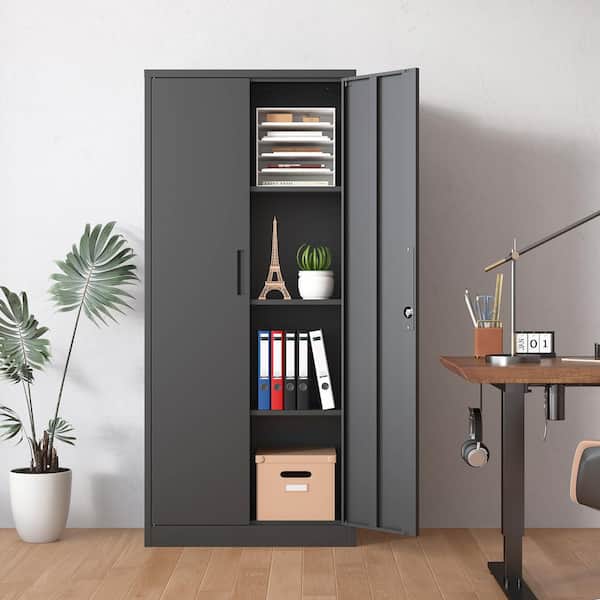 Black 71in.H Metal Garage Storage Cabinet Tool Steel Locking Cabinet w/ Doors and 3-Adjustable Shelves Tall File Cabinet