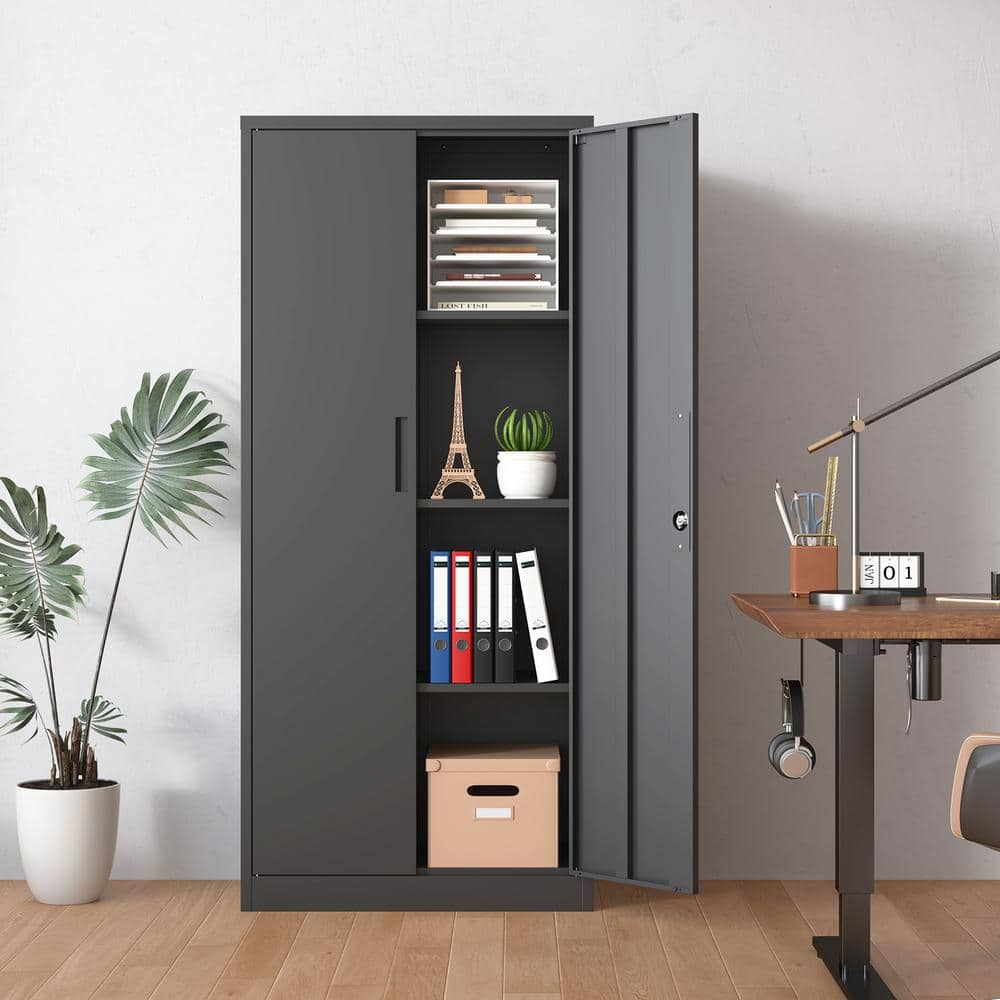  Black 71in.H Metal Garage Storage Cabinet Tool Steel Locking Cabinet w/ Doors and 3-Adjustable Shelves Tall File Cabinet