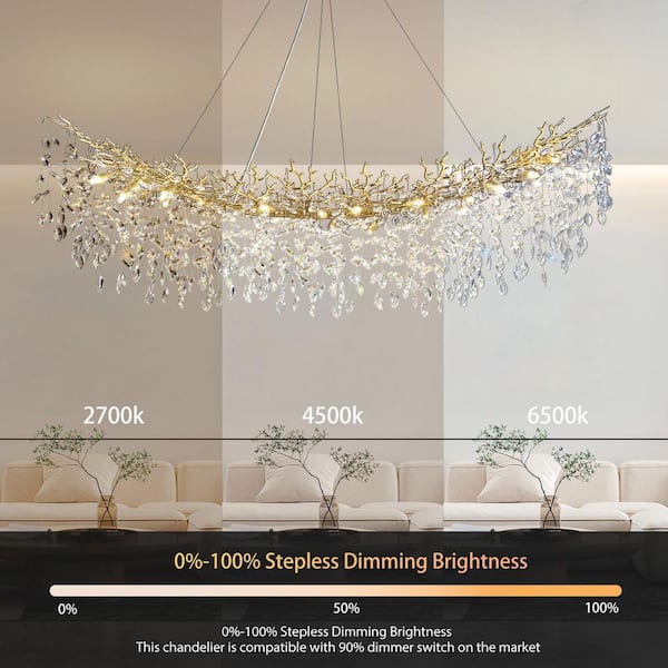 PUYRNF 72 in. 18-Light Dimmable Gold Tree Branches Crystal