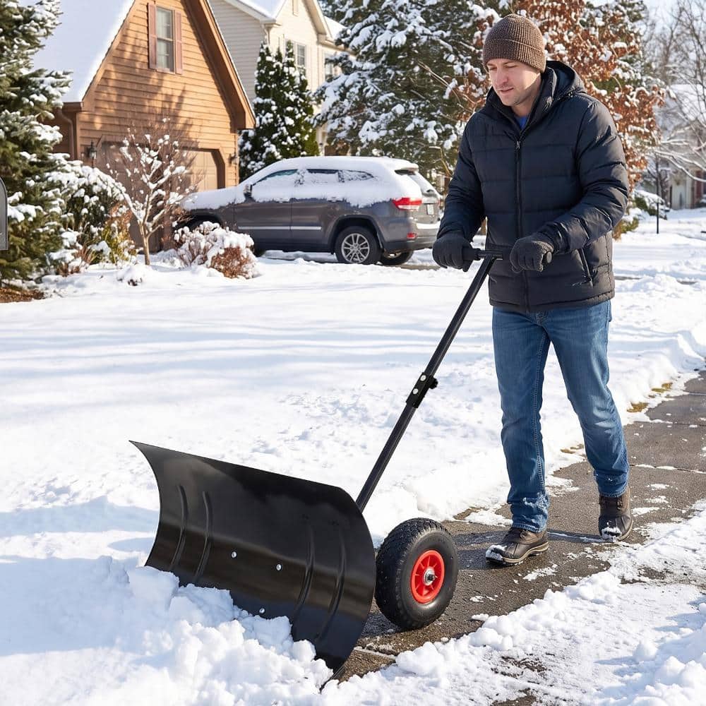 "42"" Snow Shovel with Wheels, Heavy Duty Metal Snow Pusher Adjustable Handle and Blade for Driveway, Black" price history on PriceWatchPro