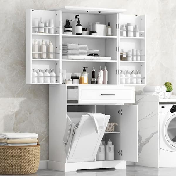 Harper & Bright Designs White 72.6 in. H Accent Storage Cabinet with Doors Drawers Tilt-Out Laundry Hamper Adjustable Shelf