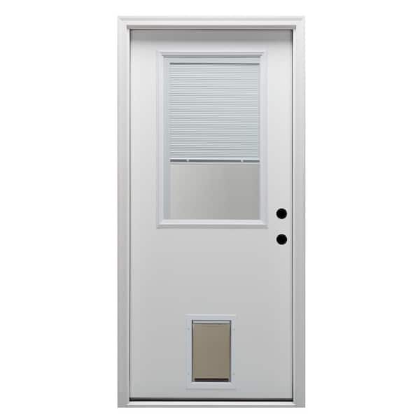 MMI Door 30 in. x 80 in. Internal Blinds Left-Hand 1/2-Lite Clear Primed Fiberglass Smooth Prehung Front Door with Pet Door
