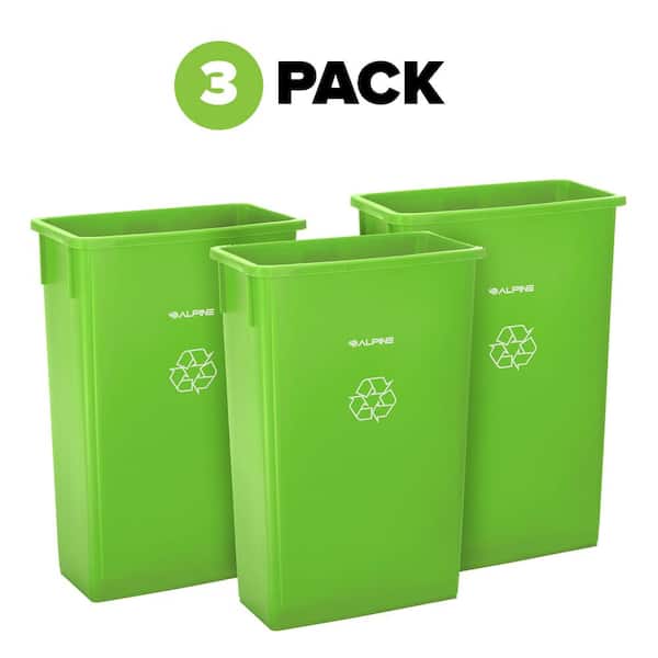 Alpine Industries 23 Gal. Lime Green Plastic Slim Recycling Bin (3-Pack)