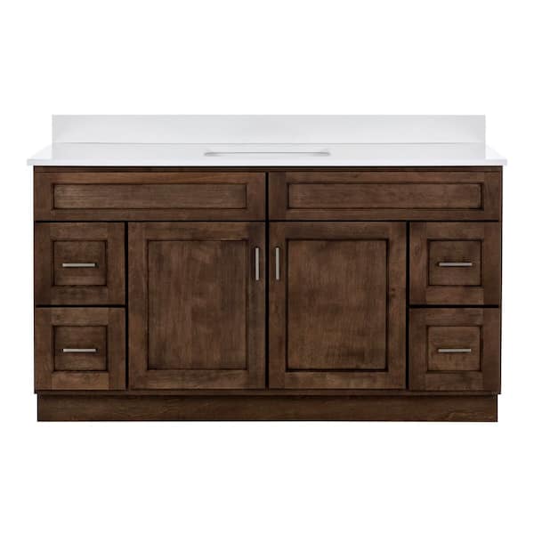Seaton 61 in. Single Sink Kodiak Brown Freestanding Bath Vanity with White Ice Quartz Top Assembled