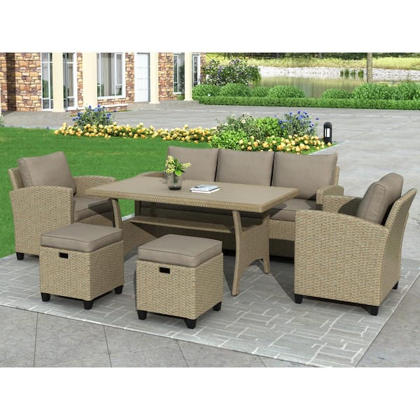 Zeus & Ruta 6-Piece Wicker Outdoor Rattan Sectional Set with Brown Cushion