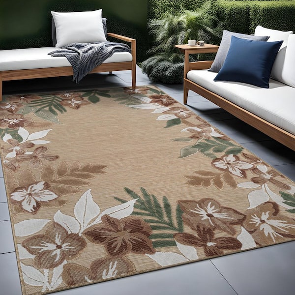 Eden  5 ft. x 7 ft. Beige Washable Border Floral Indoor Outdoor Area Rug