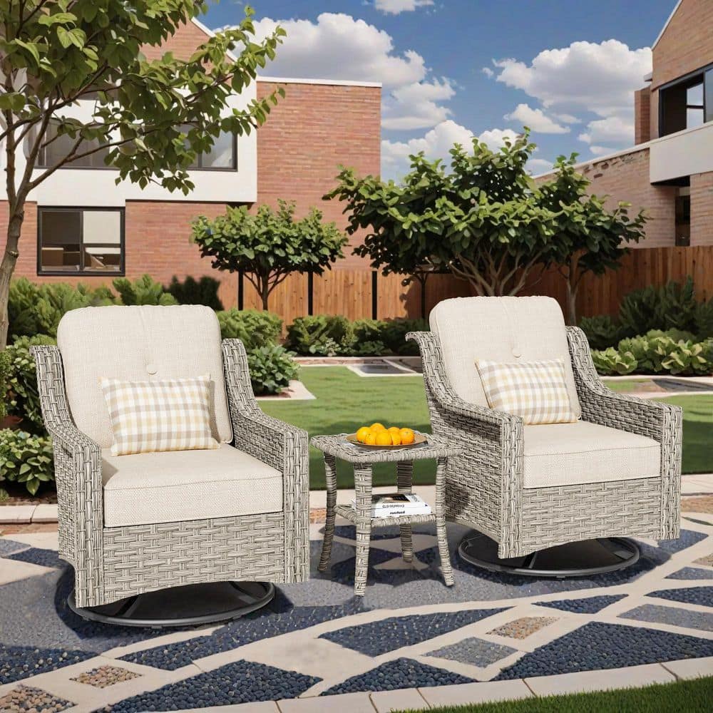 3-Piece Wicker Swivel Outdoor Rocking Chairs Patio Conversation Set with Beige Cushions and Side Table price history on PriceWatchPro