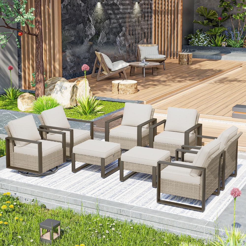 8-Piece Brown Rattan Wicker Outdoor Patio Conversation Set with Beige Cushions and Rocking Chairs price history on PriceWatchPro